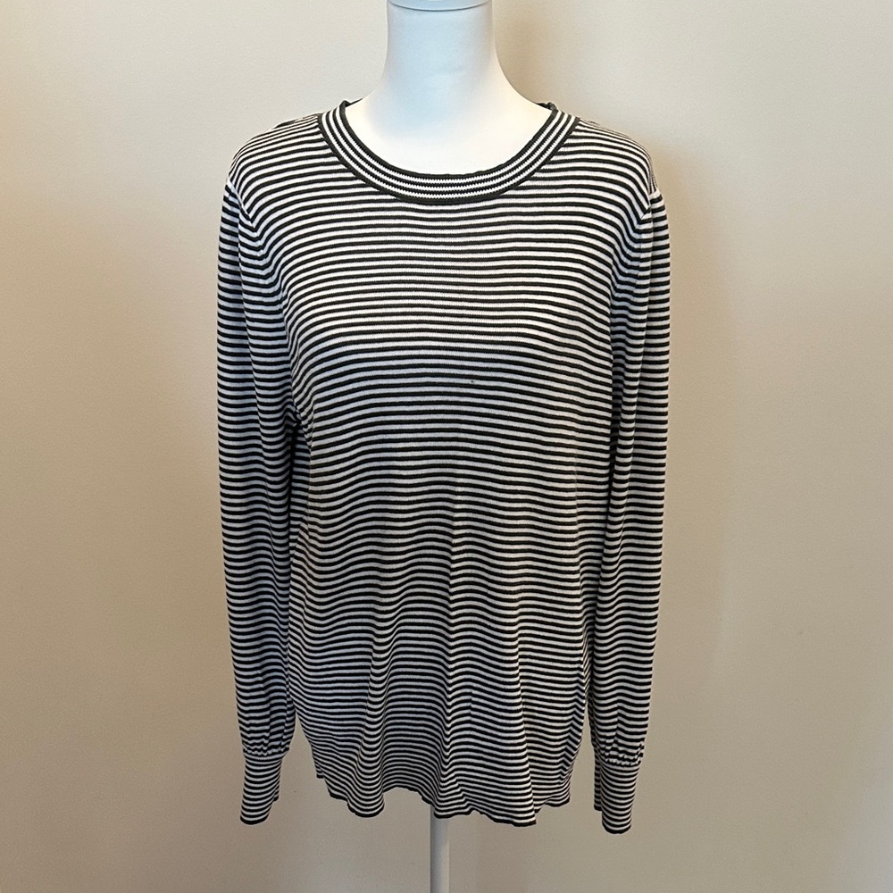 LOFT Dark Green and White Striped Long Sleeve Sweater